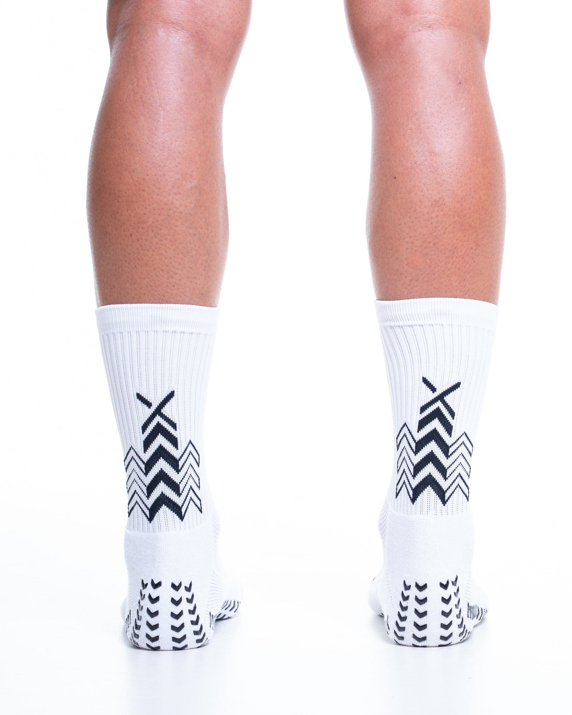 SOXPro Classic bianca indossata, vista posteriore con grip su tallone e suola